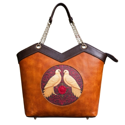 Luxury Love Birds Motif Leather Tote Bag for Women
