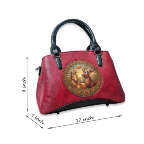 Luxury Vintage Art Motif Red Leather Handbag