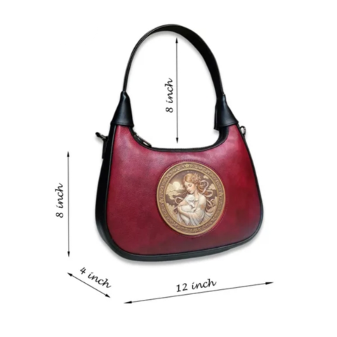 Maroon Leather Handbag for Women – Vintage Lady Artwork Shoulder Bag