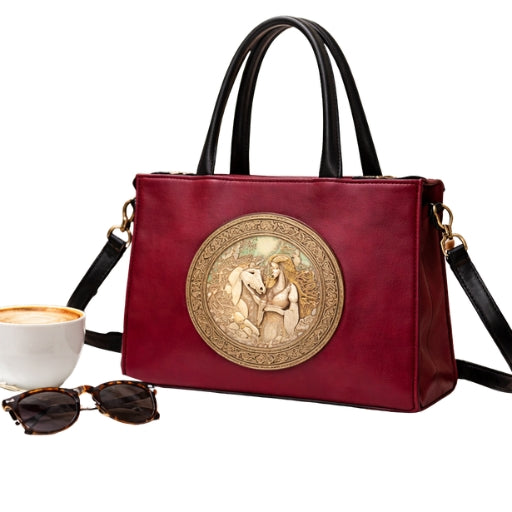 Luxury Red Horse Motif Leather Handbag for Women