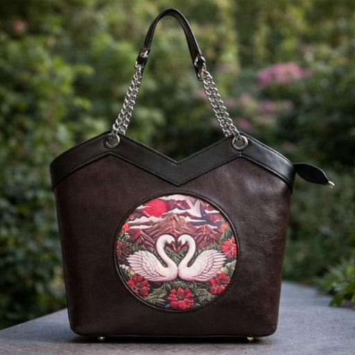 Elegant Swan Pair Designer Leather Handbag