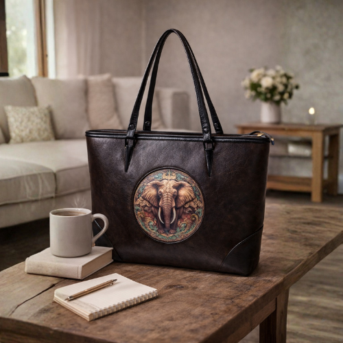 Vintage Brown Leather Elephant Artwork Handbag
