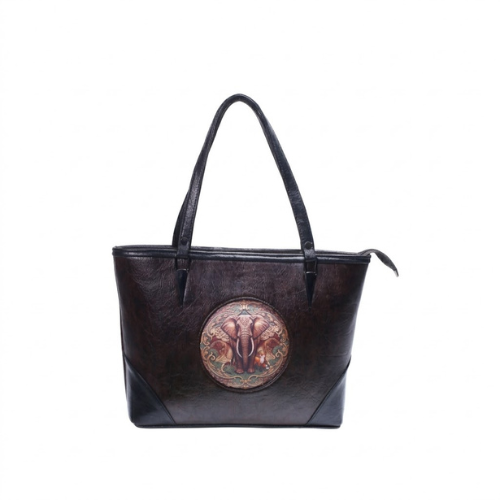 Vintage Brown Leather Elephant Artwork Handbag