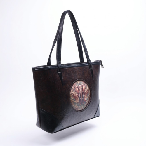 Vintage Brown Leather Elephant Artwork Handbag