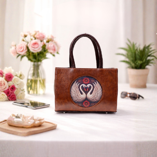 Elegant Brown Leather Swan Designer Tote