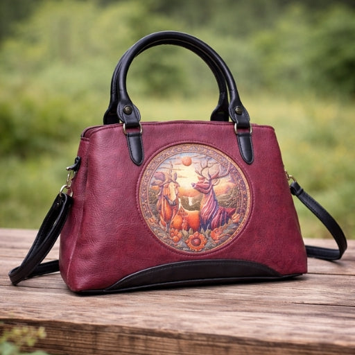 Luxury Vintage Art Motif Red Leather Handbag