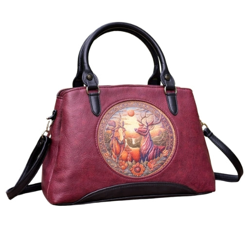 Luxury Vintage Art Motif Red Leather Handbag