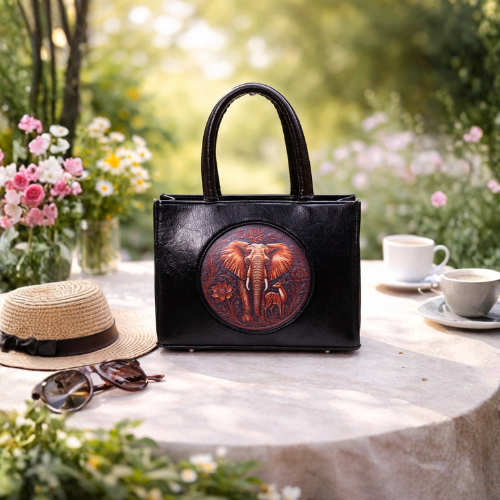 Luxury Elephant Emblem Black Leather Tote
