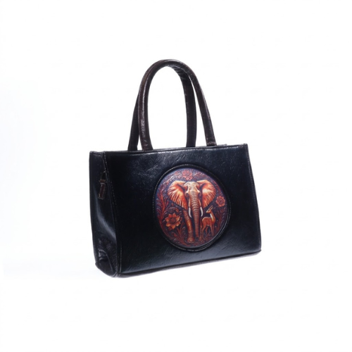 Luxury Elephant Emblem Black Leather Tote