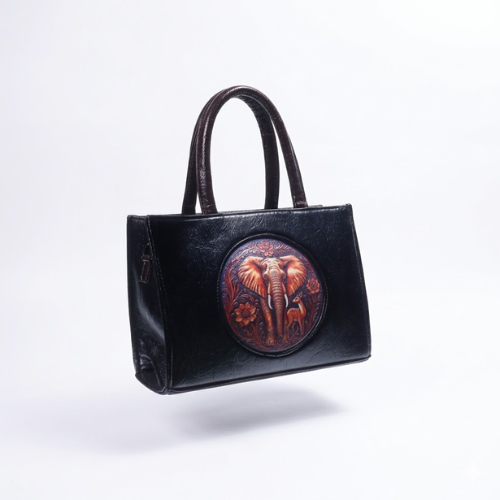 Luxury Elephant Emblem Black Leather Tote
