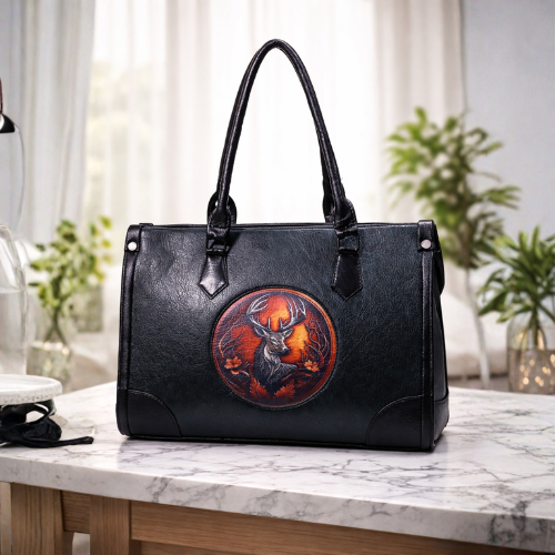 Luxury Black Leather Stag Designer Handbag