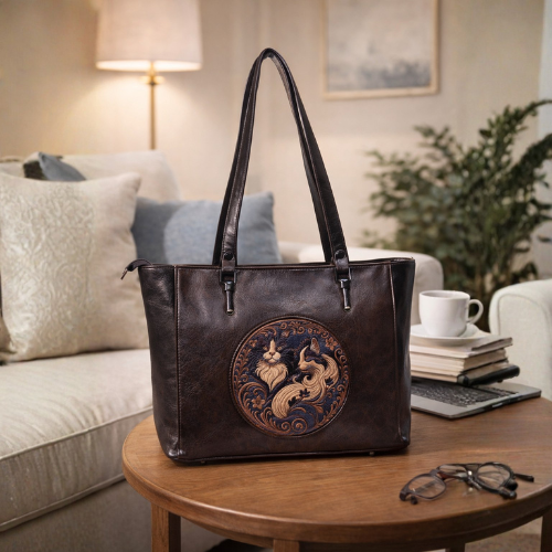 Vintage Brown Leather Cat Artwork Tote