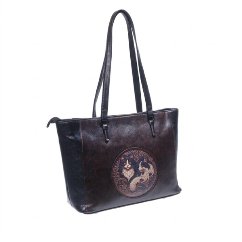 Vintage Brown Leather Cat Artwork Tote