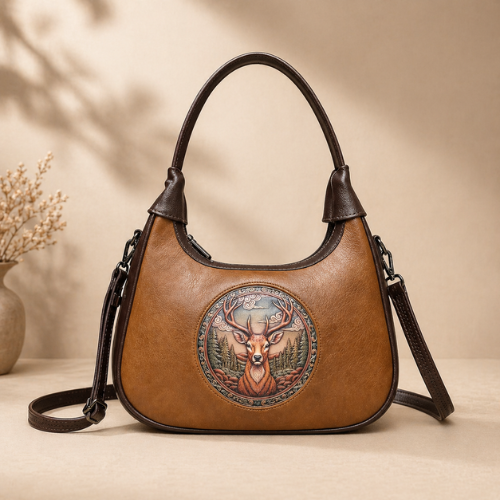 Leather Handbag for Women – Vintage Deer Artwork Shoulder Bag