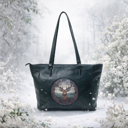 Designer Black Leather Stag Artwork Tote