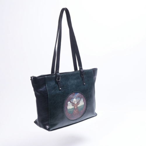 Designer Black Leather Stag Artwork Tote