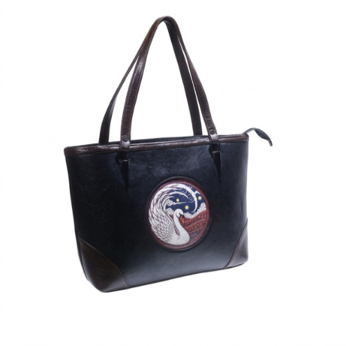 Elegant Black Leather Swan Motif Tote Bag