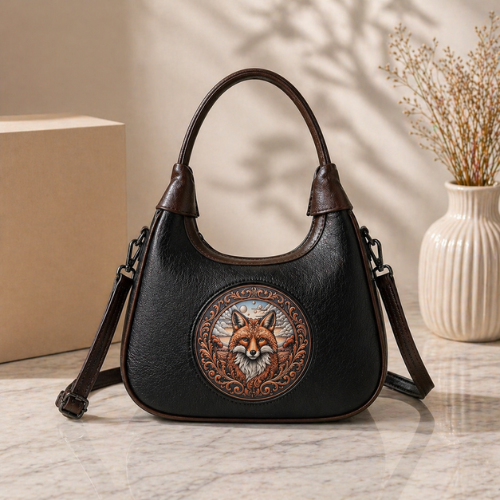 Black Leather Handbag for Women – Vintage Fox Artwork Shoulder Bag