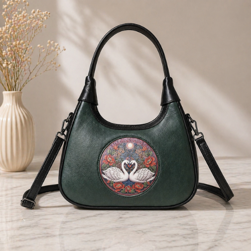Green Leather Handbag for Women – Swan Artwork Shoulder Bag