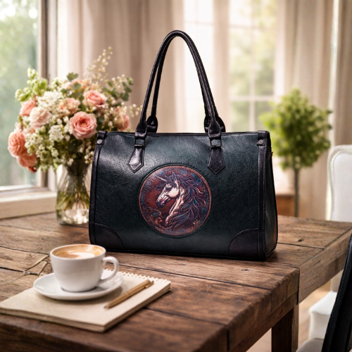 Luxury Black Leather Horse Designer Tote Handbag