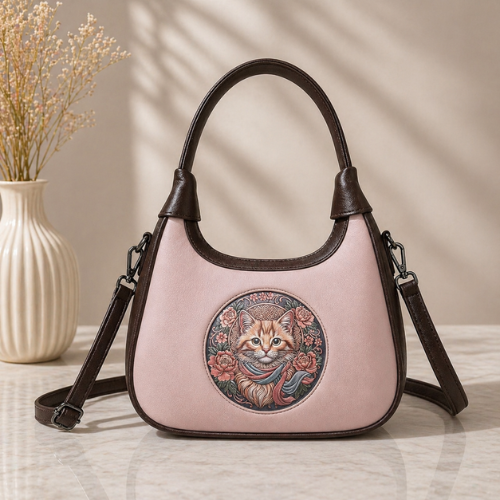 Pink Leather Handbag for Women – Vintage Cat Artwork Shoulder Bag