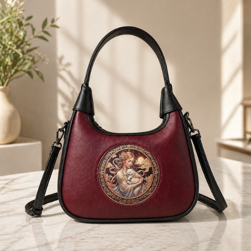 Maroon Leather Handbag for Women – Vintage Lady Artwork Shoulder Bag