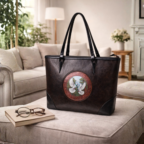 Elegant Brown Leather Designer Bird Handbag