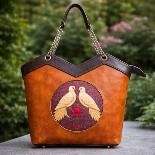 Luxury Love Birds Motif Leather Tote Bag for Women