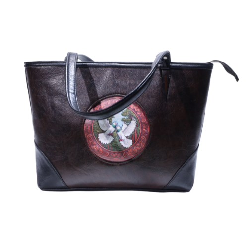 Elegant Brown Leather Designer Bird Handbag