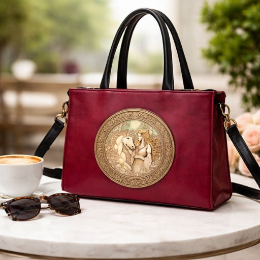 Luxury Red Horse Motif Leather Handbag for Women
